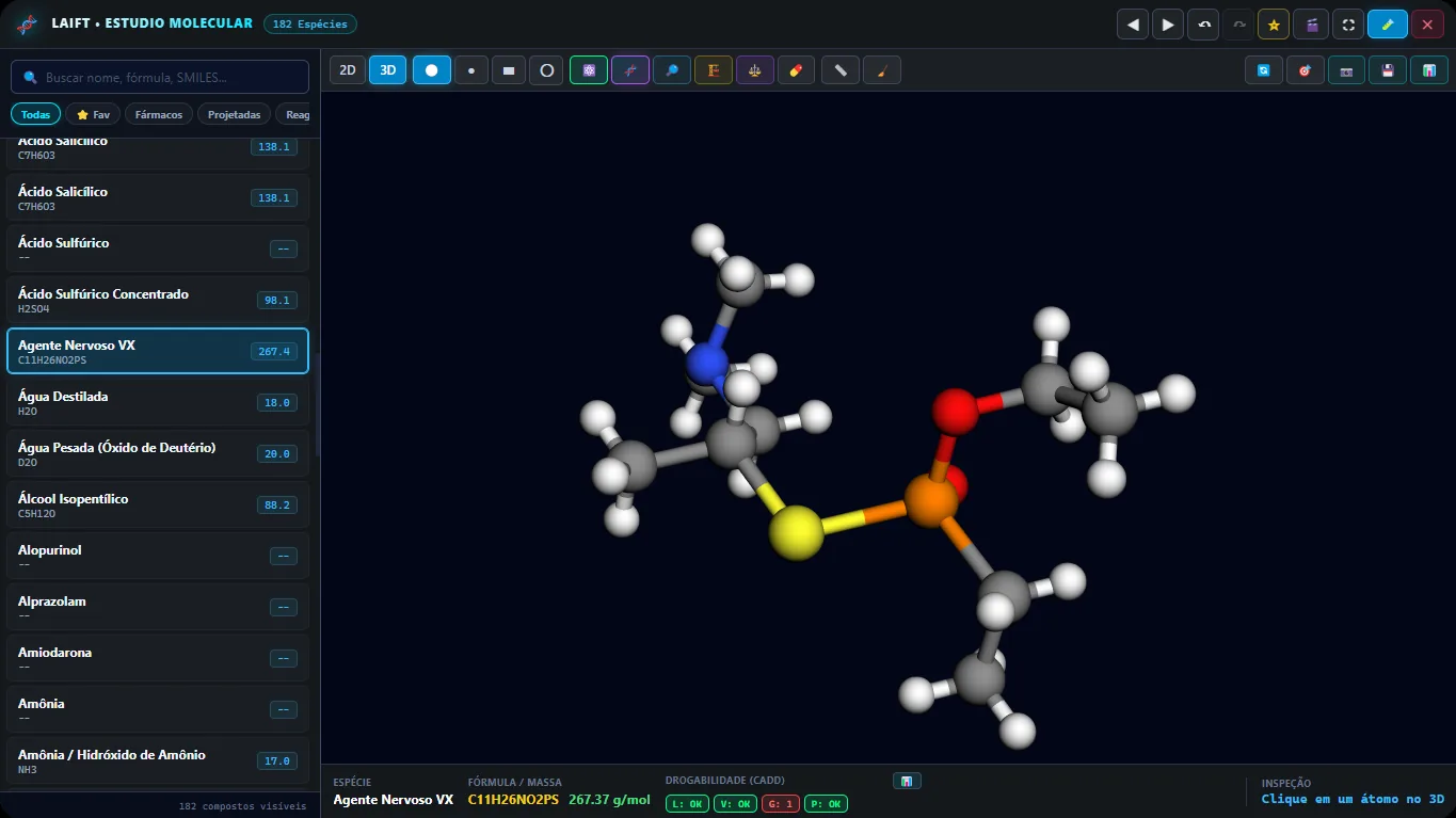 Estúdio Molecular exibindo uma molécula em 3D com lista de 182 compostos