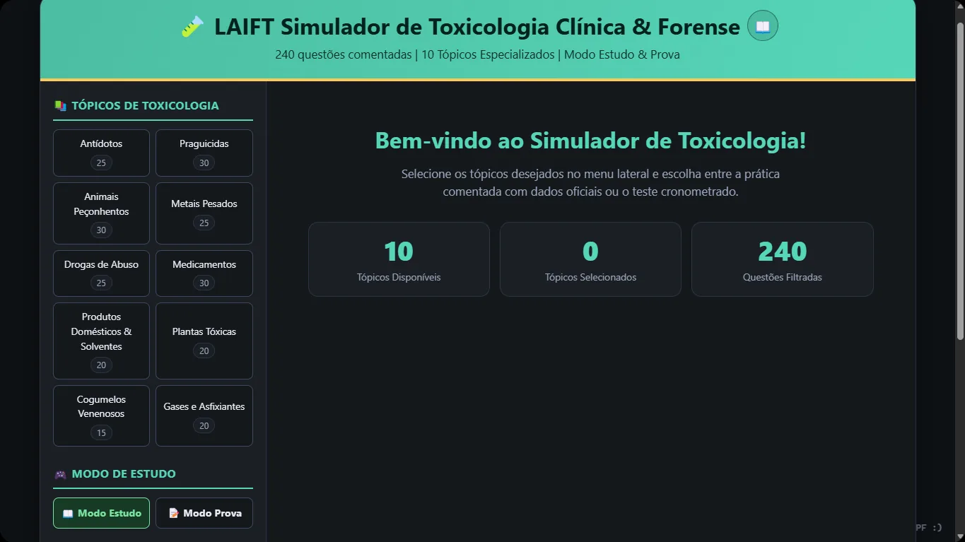 Simulador de Toxicologia Clínica e Forense com 10 tópicos e modos Estudo e Prova