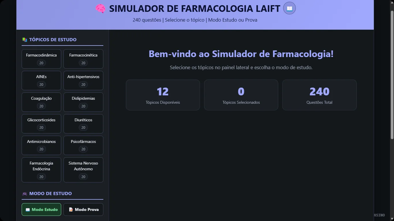 Simulador de Farmacologia com 12 tópicos de estudo e modos Estudo e Prova